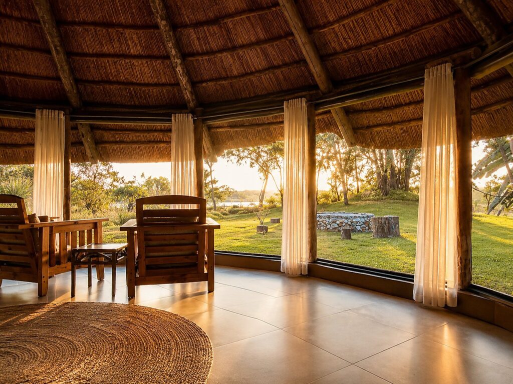 Open-plan lounge area at Okavango Villa overlooking the Okavango Delta